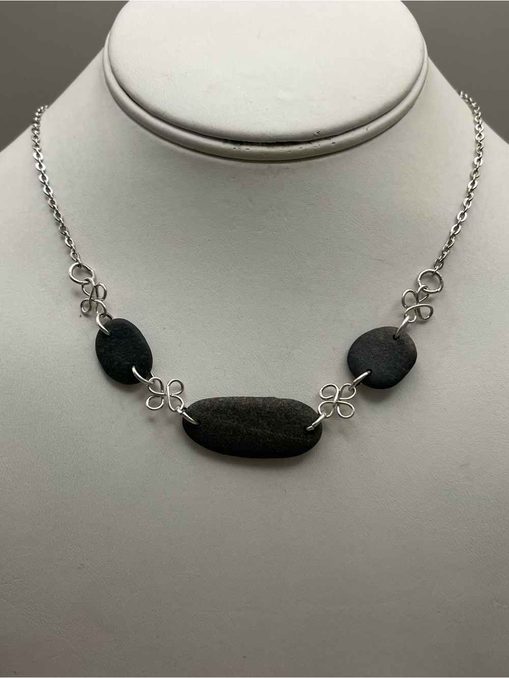 Handmade Sterling Silver Maine Beach Stone Necklace | Artisan 3-Stone focal